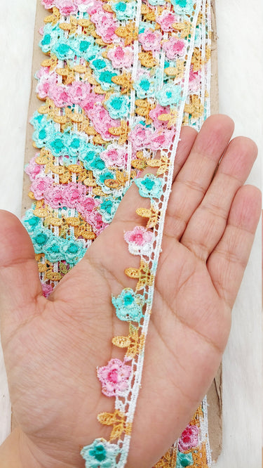 Multicoloured Floral Fringe Trim, Polyester Floral Embroidered Crafting Edging Lace Trim, Trim by 10 Yards